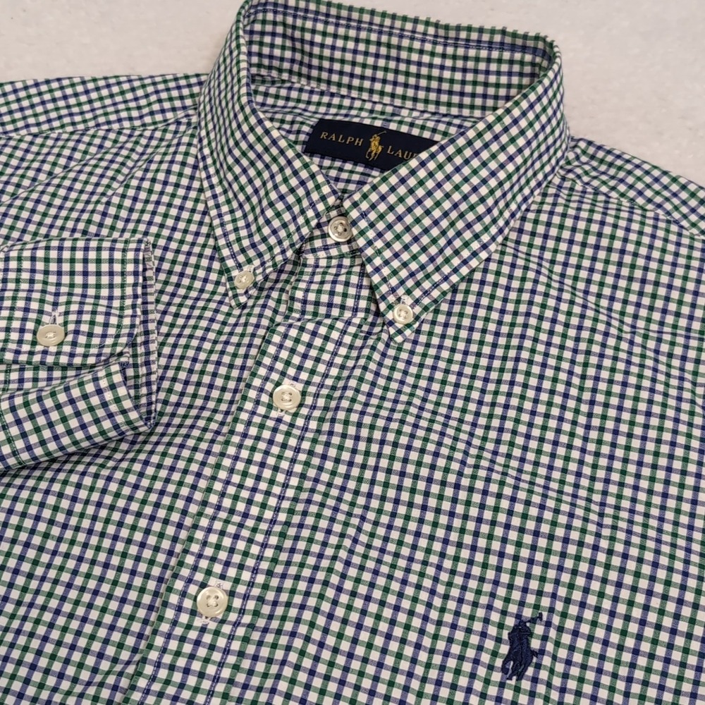 Ralph Lauren Men's L Blue Green Check Button Down Shirt L/S Lightweight‎